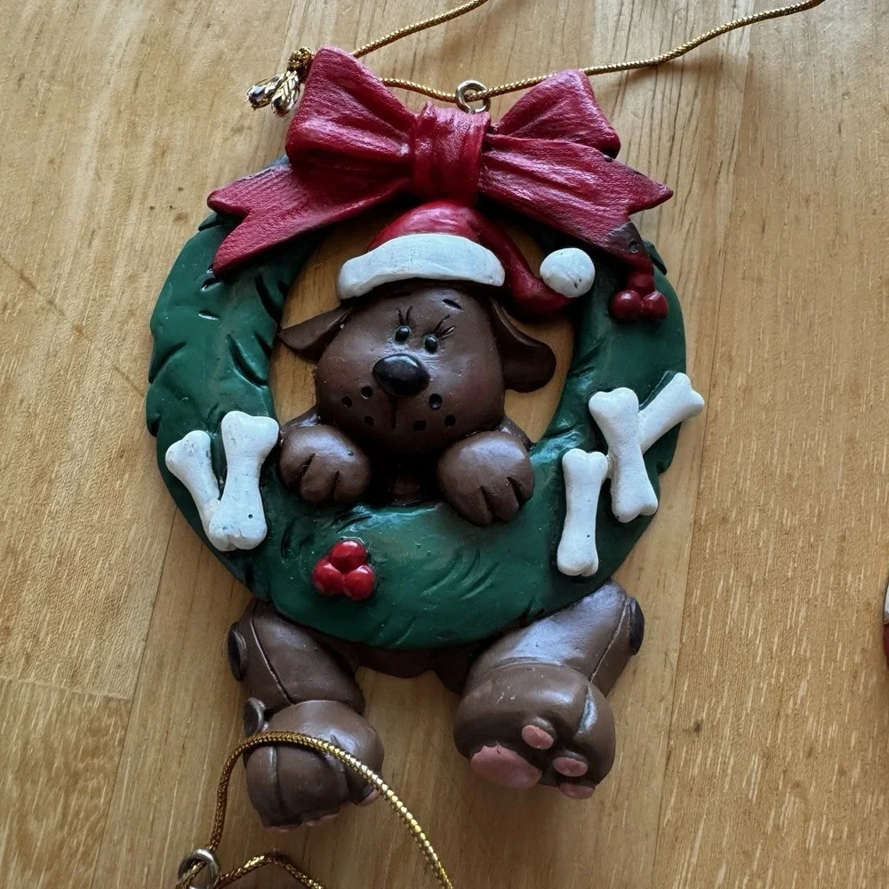 Christmas Ornaments Dog Puppy Lot of 4 Holiday Brown Wrath Candy‎ Cane Resin New